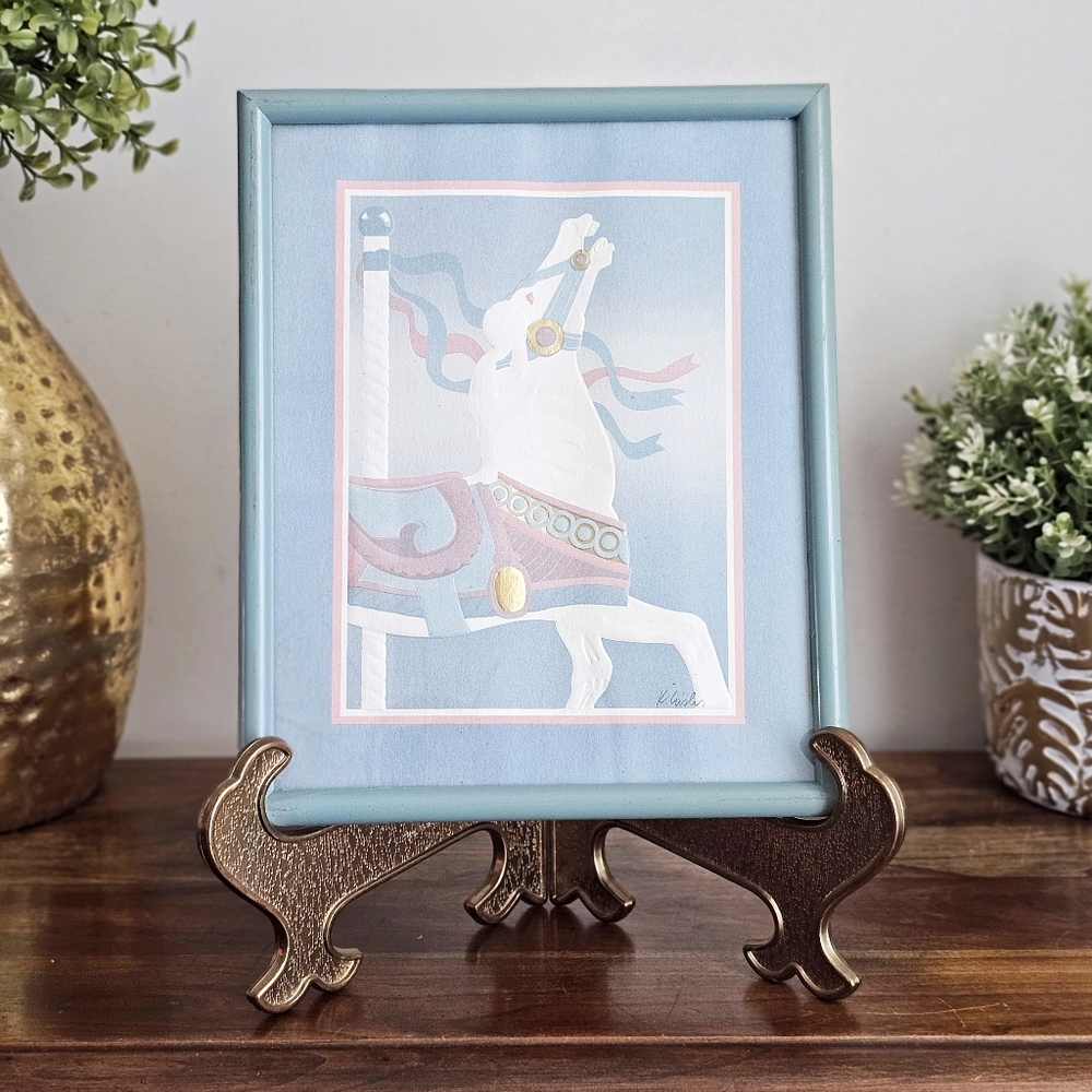 Vintage 80's FIGI Graphics Carousel Horse Print Gold Pastel Accent Framed Art